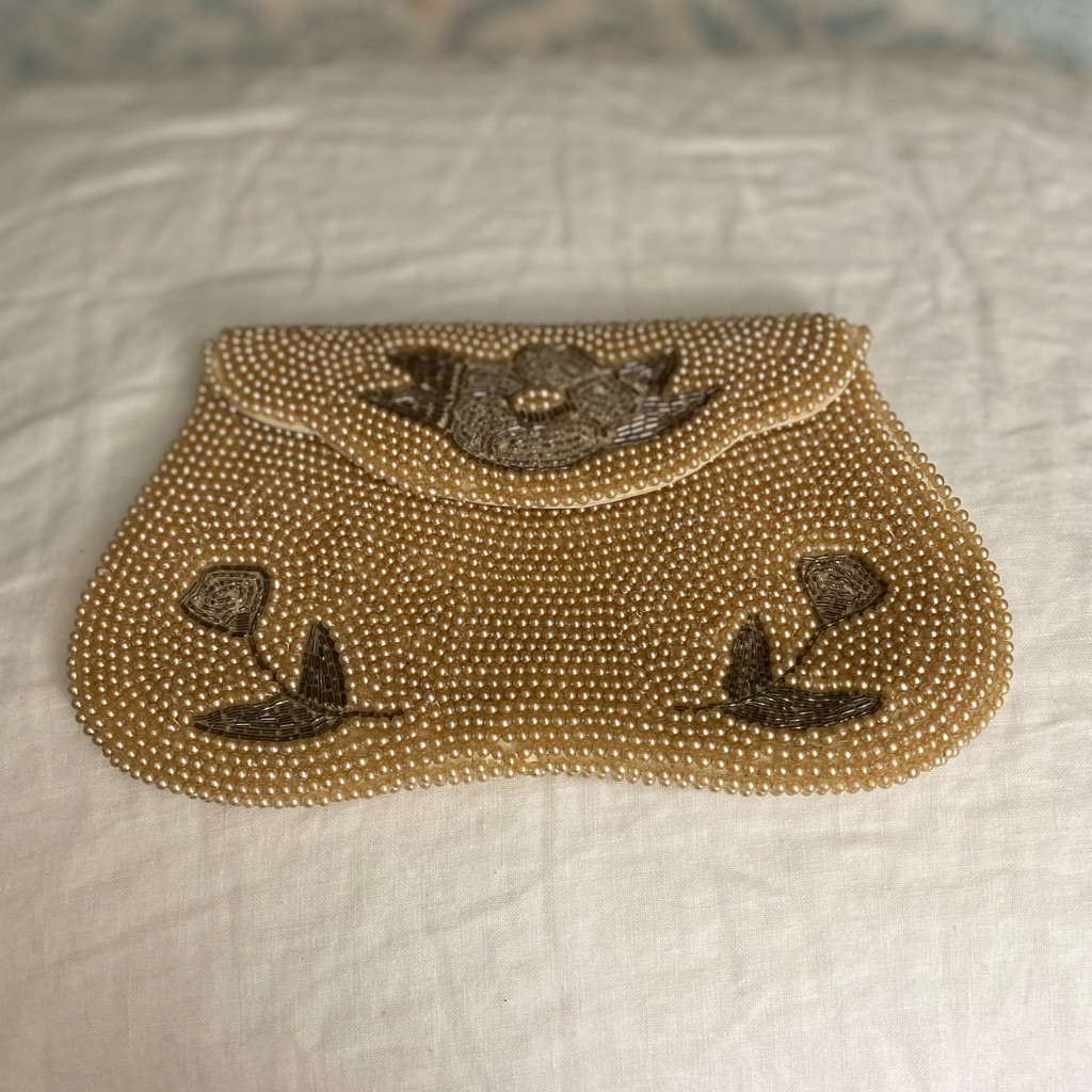Vintage Beaded Clutch - Tan And Gold